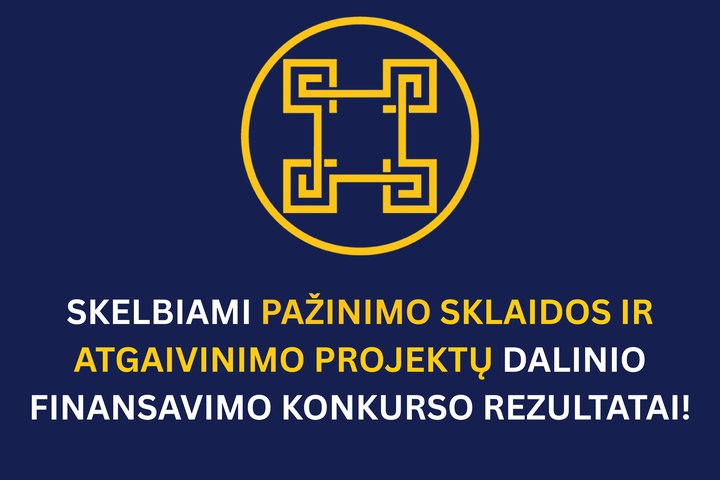 Mėlynas fonas su geltonu Kultūros paveldo departamento logotipu ir tekstu "Skelbiami pažinimo sklaidos ir atgaivinimo projektų dalinio finansavimo konkurso rezultatai!"